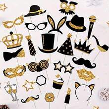 16/40 Pcs Fun Photo Booth Props Set Black & Golden Photo Booth Props Kit Hats Tie Crowns Mustache Paper Photo Props For Birthday Wedding Graduation Prom New Year Selfie Accessories - Black Gold - View 8