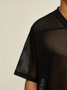 1PCS Summer Boxy Fit Crochet T-Shirt Men's 100% Polyester Mesh Jersey, Casual Urban Oversized Streetwear High-Quality V Neck Short-Sleeved Fashion Breathable Men Sexy Summer See Through Top Tee - 黑色 - 查看 5