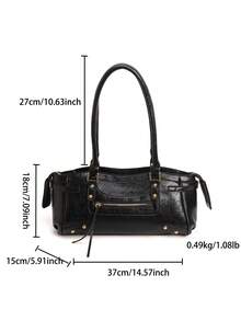 Dedoo Retro-Style Women's Handbag, Underarm Bowling Bag, Large Capacity Commuter Bag, Shoulder Baguette Style, 2025 New Model, Retro-Style Women's Bag With Rivet Design, Zipper And Tassel Charm, Motorcycle Style. - Black - View 8
