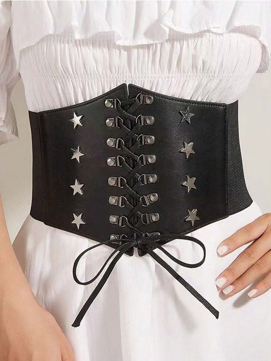 1 pièce Ceinture élastique ajustable avec décoration en métal étoile vintage noire pour femmes. Polyvalente pour les robes, manteaux, tenues décontractées, le travail et les soirées