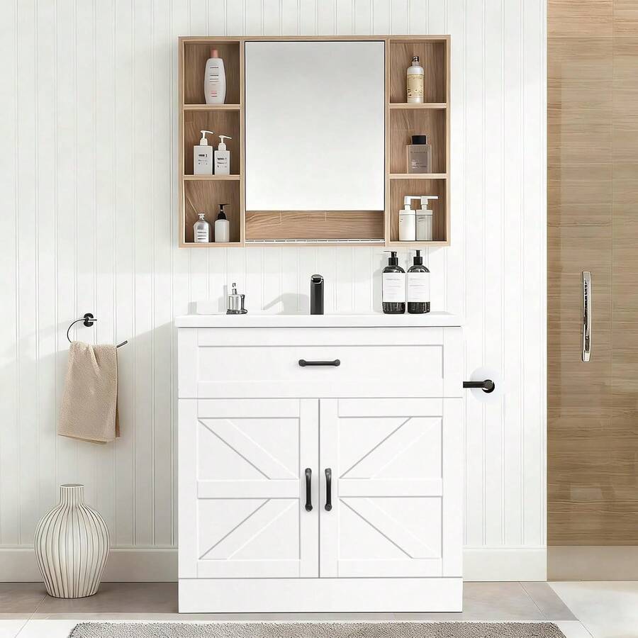 31" Bathroom Vanity With Sink, Farmhouse Bathroom Vanity Cabinet With Drawer & 2 Barn Doors, Metal Handles Black/ White - trắng - Xem 1