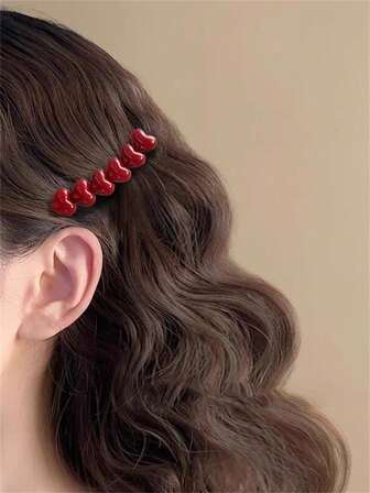 1 par hårspännen med röda hjärtan och pärlor, luggspännen, sidospännen, söta håraccessoarer, mångsidig, alla hjärtans dag-present