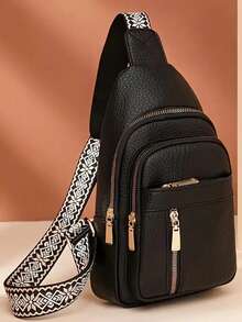Black The New Fashion Classic Solid Color Pu Waterproof Fabric With Multi-Pocket Pattern Woven Shoulder Straps And Diagonal Shoulder Chest Bags Is Suitable For Shopping. - 黑色 - 查看 9