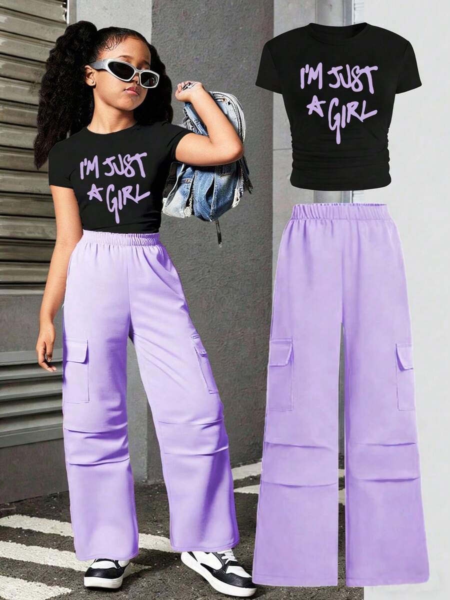 Tween Girl Letter Print Round Neck Short Sleeve T-Shirt And Purple Cargo Pants Set - Purple - View 1