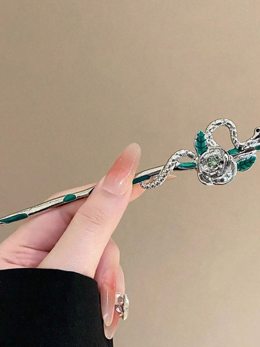 中国风个性化复古蛇形发簪 壁龛设计 玫瑰仿古汉服气质发饰 发髻延长器 发型发夹