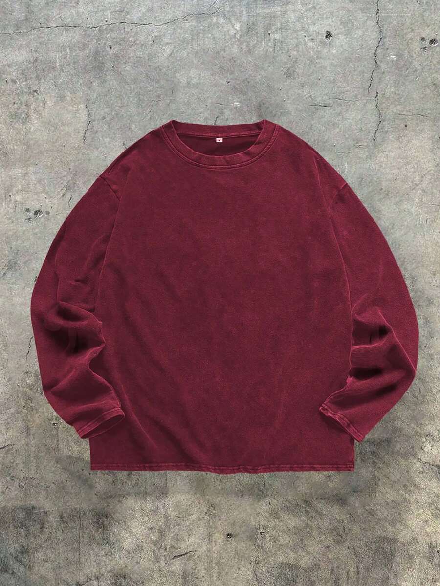Zhuo Tianxi Men's Washed Loose Casual Round Neck Long Sleeve T-Shirt - Burgundy - View 1