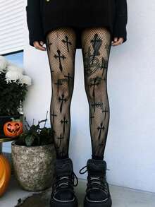 1 Pair Women's Punk Gothic Cross Pattern Fishnet Thigh High Stockings, Hollow Out Sexy Sheer High Waist Pantyhose