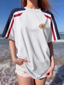 Camiseta de manga raglán, diseño de bloques de color en estilo retro americano para mujer, tops a juego de vacaciones de verano para parejas - Blanco - Ver 3