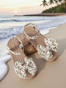 1 Pair Girls' Bow Decor, Floral Chiffon Elastic Band Design Sandals, Soft & Comfortable, Suitable For Mother-Daughter Matching, Lightweight Bohemian Style, Fit For 3-15 Years Old, Summer Party, Beach - Green - View 3