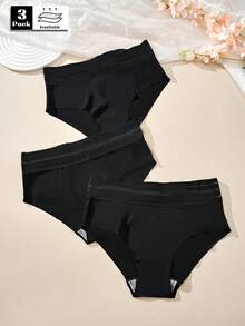 3pcs Women's Mid-Waist Black Panties With Transparent Waistband, Minimalist Black Briefs - Multicolor - View 1