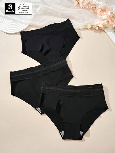 3pcs Women's Mid-Waist Black Panties With Transparent Waistband, Minimalist Black Briefs