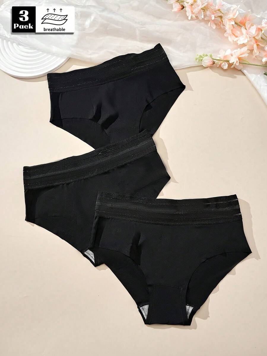 3pcs Women's Mid-Waist Black Panties With Transparent Waistband, Minimalist Black Briefs - Multicolor - View 1