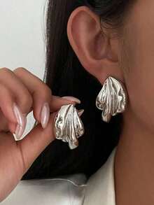 1pair Vintage Asymmetrical Abstract Metal Leaf Drop Earrings, Minimalist Chic Jewelry Gifts For Women, Suitable For Daily, Festival, Party And Banquet Decoration - Bạc 4 - Xem 2