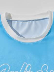 1 pieza Camiseta de manga corta de cuello redondo suave y cómoda con bloqueo de color y letra de California para niños, adecuada para deportes al aire libre, primavera/verano - Celeste - Ver 3