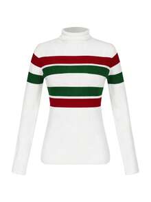 ii Women's High Neck Raglan Sleeve Fitted Striped Knit Pullover Sweater - White - View 2