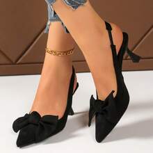 Zapatos de tacón para mujer Tacones altos estilo francés Novedades de temporada Zapatos versátiles y modernos para mujer Sandalias de punta afilada con una sola correa y lazo grande estilo francés Tacones altos Tacones de aguja de color liso A la moda - Negro - Ver 6