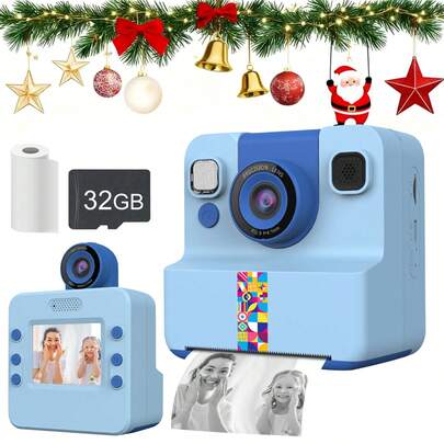 1080P高清双镜头自拍相机，内置照片打印机，便携式儿童相机 - 1300mAh可充电电池，是旅行、活动和创意摄影爱好者的绝佳圣诞节/生日/情人节礼物