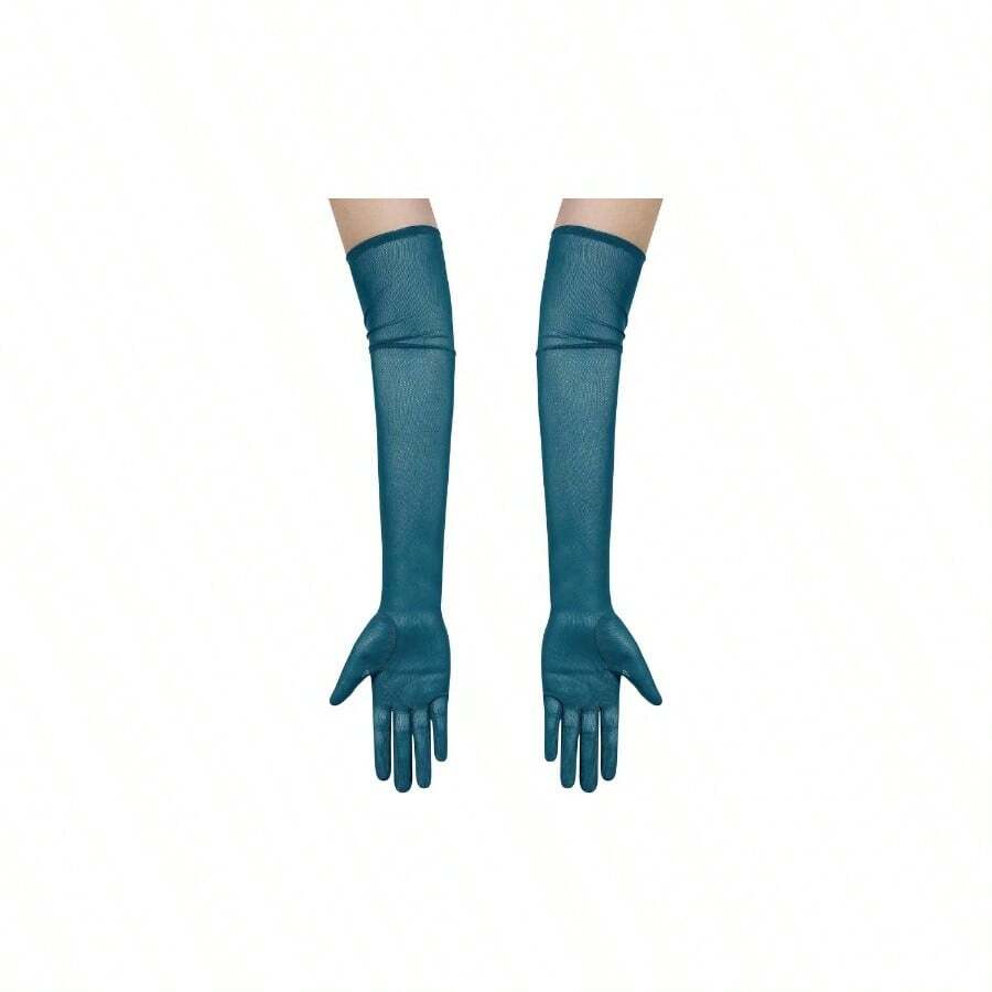 Women's Long Stretchy Mesh Tulle Sheer Gloves Costume Wedding Opera Halloween Party 1920's Dance Gloves - Teal - 查看 1