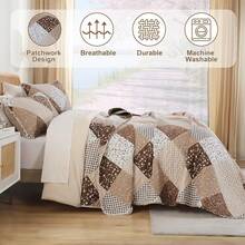 Floral Plaid Patchwork Quilt Set King Size, Reversible Brown Bedding Set Soft Microfiber Lightweight Bedspread Coverlet 3 Piece All - Season Use (104x90 Inches) - Deep Brown - View 2