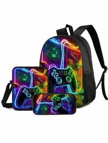 3件套男童背包套装 - 游戏图案面料，大容量多功能拉链封口，休闲书包，适合日常使用和旅行