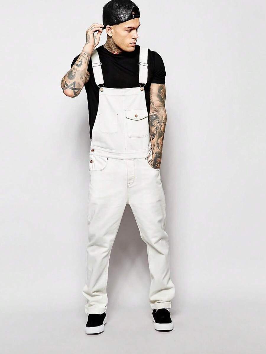 Men's Denim Bib Overalls – Slim/Workwear Fit Options, Lightweight Fashion Jumpsuit With Pockets - White - View 1