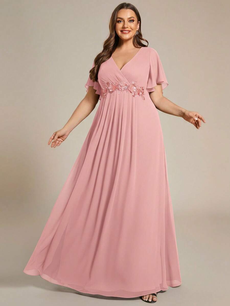 Elegant V-Neck Applique Ruffle Sleeve Chiffon Dress