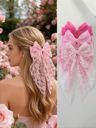 3 piezas Clips de pelo elásticos con flores de encaje de tela rosa, rojo rosa y elegantes para el Día de San Valentín, adecuados para festivales, regalos, citas, salidas diarias, accesorios de pelo bohemios y elegantes, pinzas para el cabello, pasadores de pelo, barrettes de pelo Musa de San Valentín