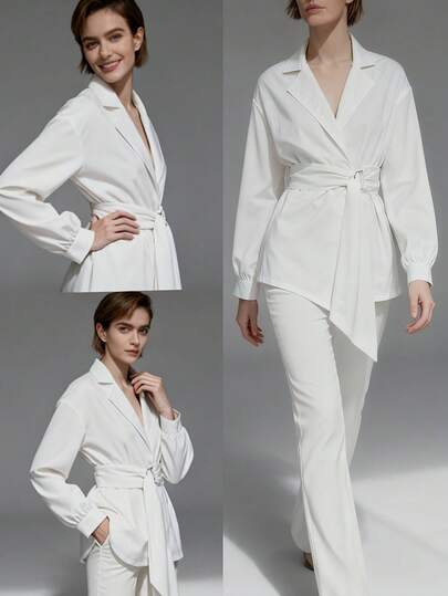 Women's Long Sleeve White Shirt, Solid Color Elegant Design Shirt With Big Waistband, Flat Lapel Collar, Suitable For Autumn, Winter, Spring, Office Wear And Casual Outfits
