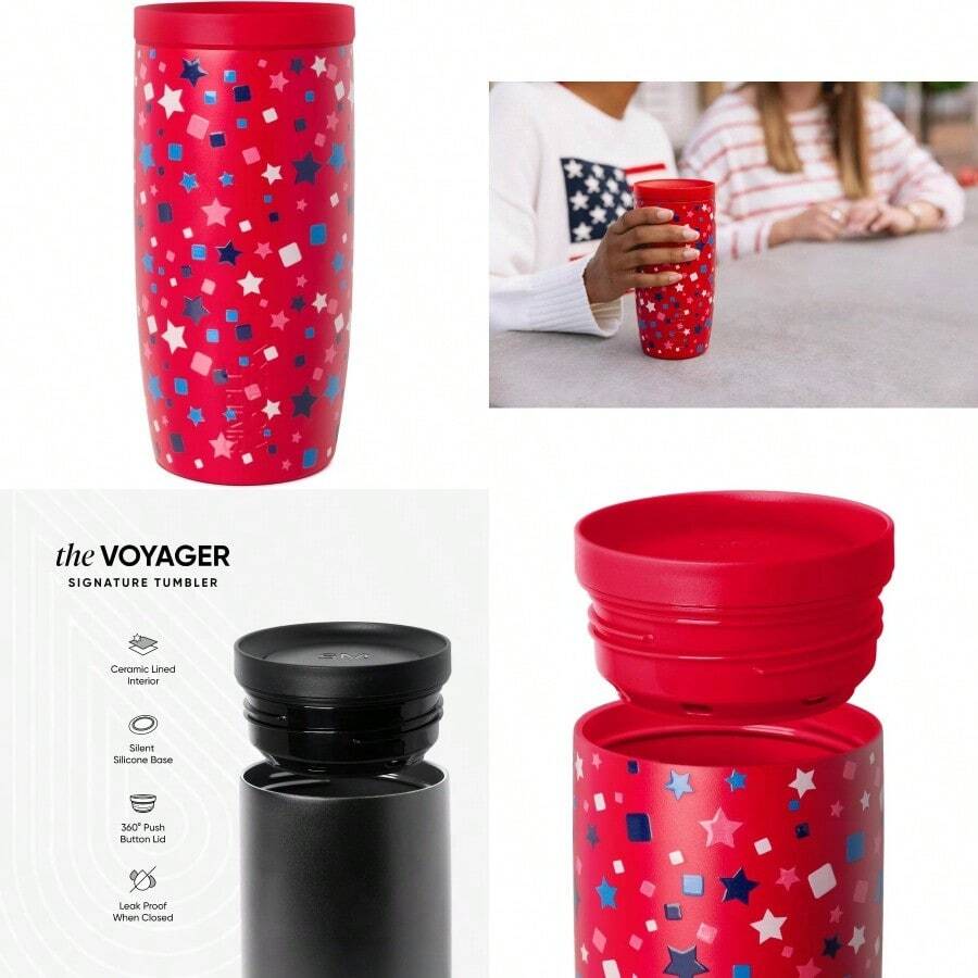 PZW  4 of July Signature Voyager Taza de café de viaje de 16 onzas con tapa de 360° Regalos Her Him Taza de café helado con aislamiento con forro de cerámica Banner moteado con2537 - Patrón de bandera moteada con estrellas - Ver 1
