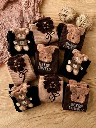3/6/9켤레 랜덤 깃털 - 털실 곰 - 테마 중간 - 가을과 겨울 여성을 위한 송아지 플러시 양말, 귀엽고 다재다능한 겉옷 - 긴 양말