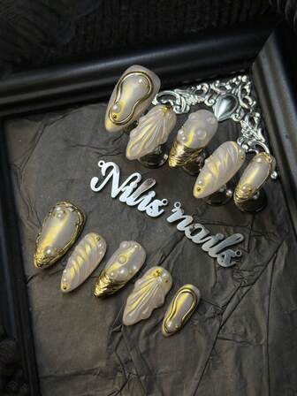 10pcs/Set Handmade Almond Y2K Baddie Style Press On Nails, Champagne Colored Nails, Gold Chrome French Tie Dye Press On Nails, Hand Carved Geometric Patterns&Water Droplet Design, 3D Matching Diamond Bow&Pearls Nails Full Cover False Nails For Womenhnlged Occasions Daily Wear Great Gift ForWomen And Girls,With 1 Jelly Pad And 1 Nail File