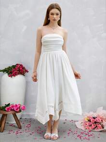 PARTHEA 优雅无袖无肩带伴娘礼服，长款褶皱不对称设计，饰有蕾丝褶裥细节，适合派对穿着 - 白色 - 查看 6