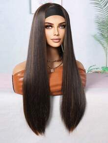 28-Inch Ombre Brown Straight Hair Headband Wig, Women's Natural Straight Hair Headband Wig With Black Headband, Natural Brown Wig, Suitable For Daily Wear - Brown Highlight - View 4