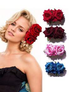 1 pieza Peine para el cabello con rosas de terciopelo simulado Accesorio con doble rosa insertada en el peine para el Día de San Valentín - Multicolor - Ver 4
