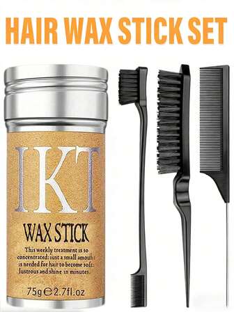 ikt Set de barra de cera para el cabello con cepillo de control de bordes y peine de cola de rata - Cera para peinado de sujeción fuerte para recogido, dominio de pelos rebeldes, cabello de bebé, trenzado y cuidado diario del cabello