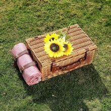 Cesta de picnic para 4 personas con manta impermeable y enfriador aado cesta grande de mimbre para camping y al aire libre - Cuadrospequeosrojosyblancos - Ver 7