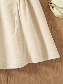 Girls' Casual Solid Color Bow Decor Short Sleeve Knee-Length Dress, Summer - Apricot - View 8