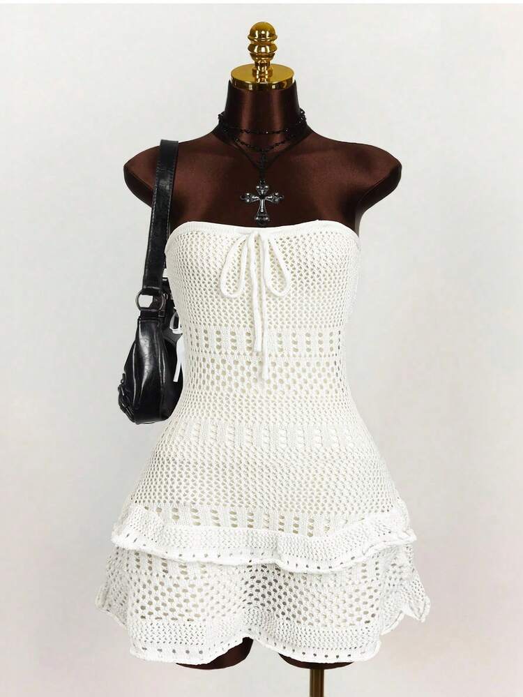 Mejors Women Y2K Sexy Casual Summer Knit Beach Cover Up Dress, Solid Color Hollow Crochet Front Tie, Suitable For Rave, Country Music Festival, Beach Vacation, Boho Style - White - View 9