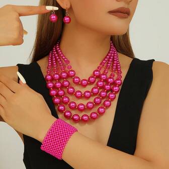 Exaggerated Multi-Layer Dandelion Handmade Beaded Faux Pearl Necklace, Bracelet And Earrings 3-Piece Set, Vintage Boho Style