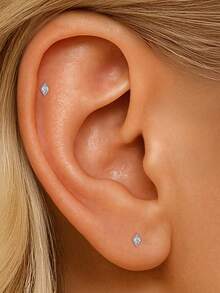 1pc 925 Sterling Silver Mini Stud Flat Back Earrings For Women | Helix Cartilage Piercing Jewelry | Dainty Star Cubic Zirconia Lotus Climber Stud Earrings For Women Jewelry Gift - Multicolor - View 9
