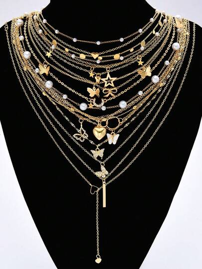 Set de 18 collares multicapa con estilo Y2K que incluyen pentagramas, mariposas y corazones con perlas falsas y rhinestones, adecuado para mujeres en vacaciones, citas, uso diario, Ramadán, regalo del Día de San Valentín para novia, mamá