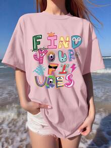 Camiseta de manga corta holgada con estampado de marca de dibujos animados casual, camiseta de verano unisex con gráfico de letra de estilo retro americano única y nueva - Rosa Pálido - Ver 1