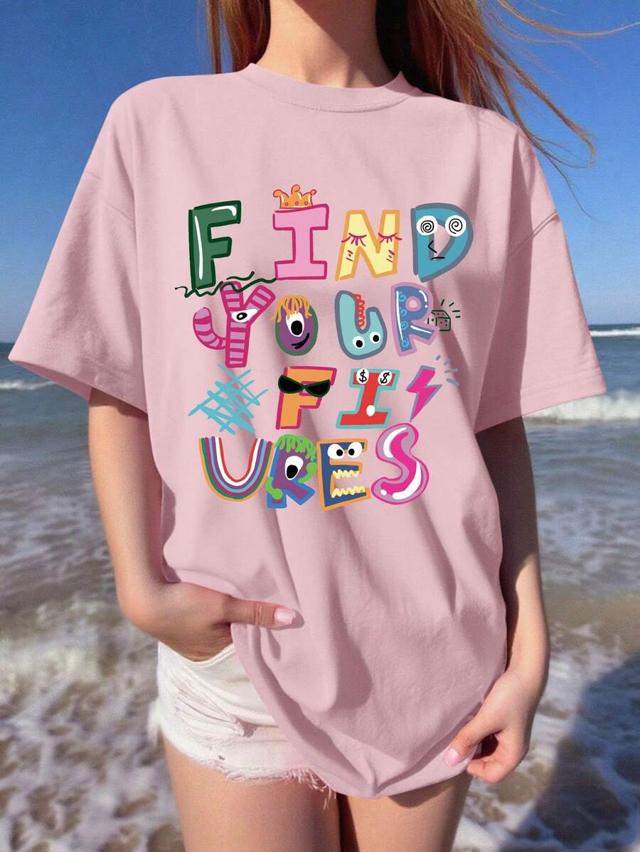 Camiseta de manga corta holgada con estampado de marca de dibujos animados casual, camiseta de verano unisex con gráfico de letra de estilo retro americano única y nueva - Rosa Pálido - Ver 1