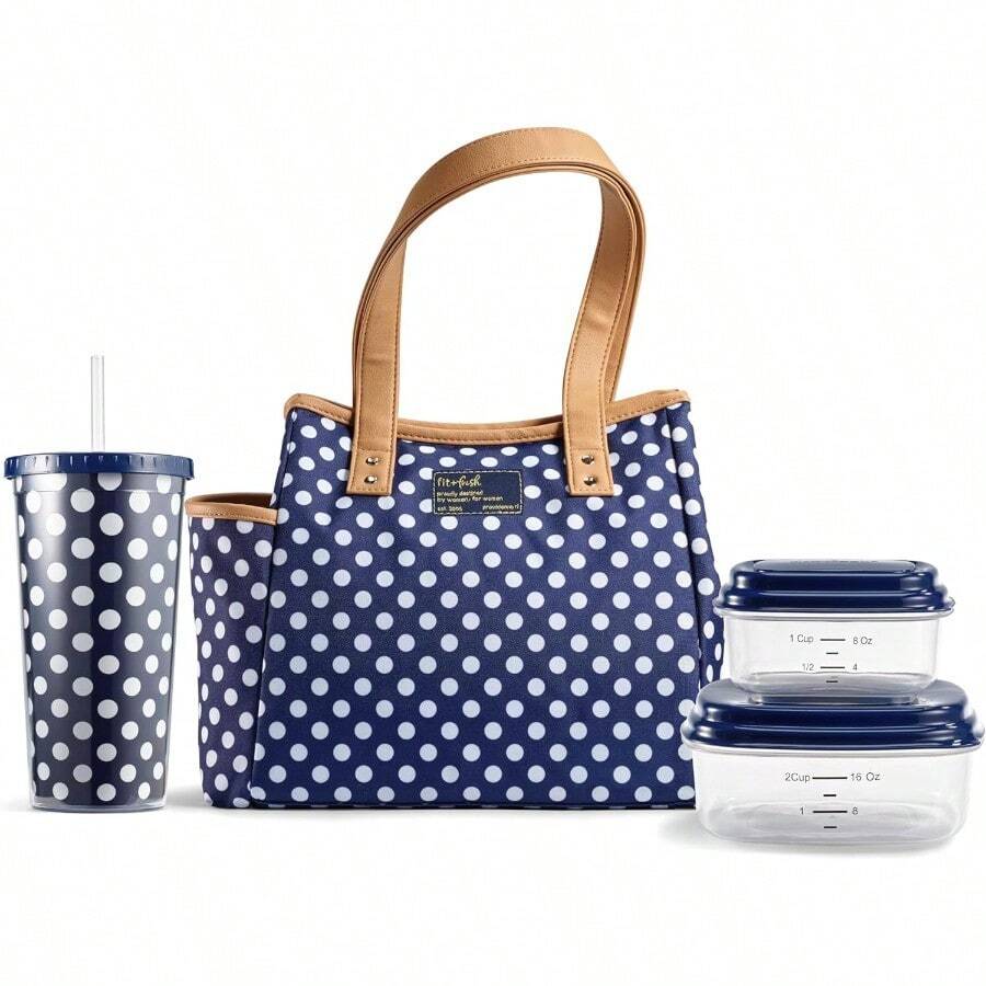 YQQ Fiambrera para mujer con aislamiento para el trabajo a prueba de fugas y resistente a las manchas con recipientes y vaso a juego cierre bolsa de almuerzo Westerly lunares azul marino2179 - Lunarazulmarino - Ver 1