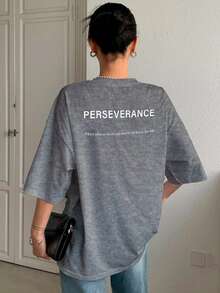 T-Shirt With "Perseverance" Print Lettering. Minimalist, Casual, Modern, Sophisticated, Simple, Basic, Summer, Oversized. - Grey - View 2