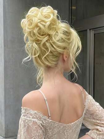 发髻 合成发髻 金色挑染发髻 长款凌乱卷发髻 带松紧带的卷发发髻发圈 女士马尾辫接发