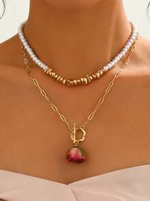 1 Set Elegant Faux Pearl Rose Flower Pendant Necklace, Fashionable & Versatile Jewelry Gift For Women, Suitable For Dates, Parties, Gatherings