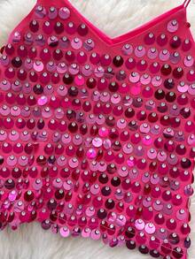 Sequin Tops For Women Sparkly Strappy Tank Tops Sleeveless V Neck Camisole Top Party Disco Club Night Outfits - Màu Hồng Tươi - Xem 2