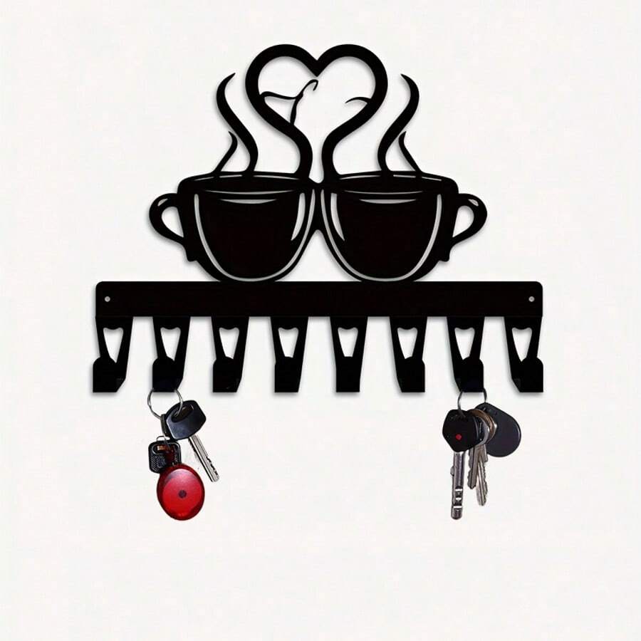 CIFbuy 1 Piece Of Retro Coffee Bean And Heart Shaped Wall Mounted Key Holder - Metal Wall Mounted Key Storage Rack With 8 Hooks, Iron Foyer Decoration, Suitable For Room Decor,Wall Decor,Home Decor