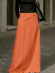 Plus Size Elegant A-Line Long Skirt, Woven Fabric, Non-Stretch, Comfortable Fit - Orange - View 6